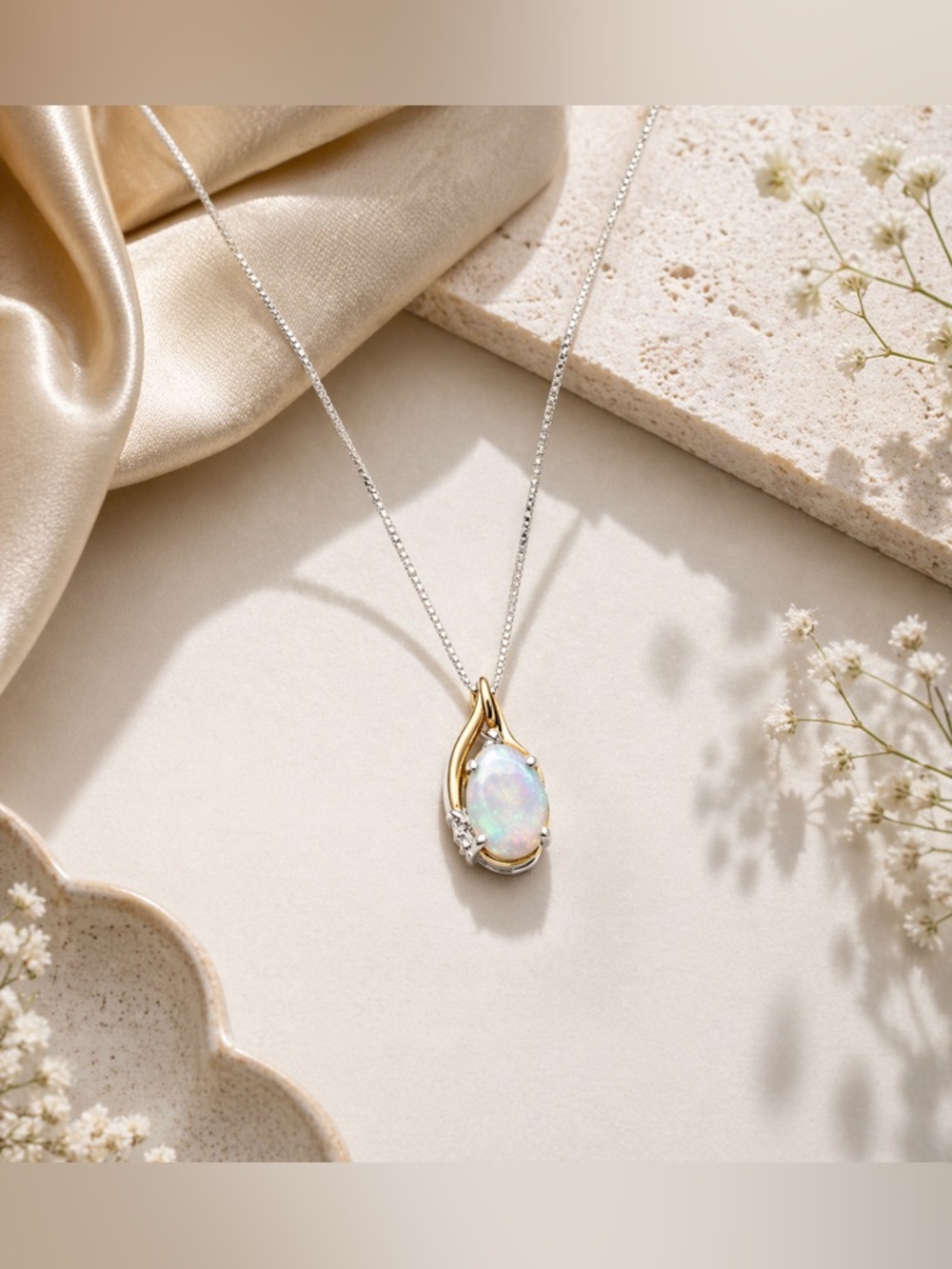 925 Sterling Silver + 10K Gold Accent Opal Pendant Necklace ✨ Vintage Style